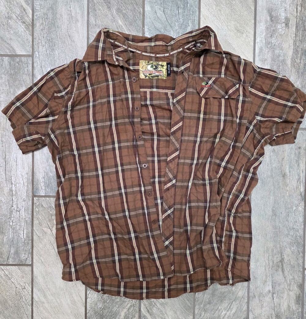 Mossy Oak Mens XL Brown Plaid Button Down Shirt Long Sleeve Hunting Outdoor Camp